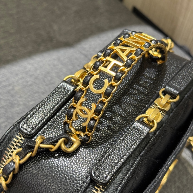晶片 Chanel 黑色荔枝牛皮霧金鏈雙層化妝包 手提斜背包/AS3222-9