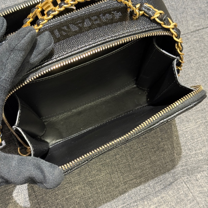 晶片 Chanel 黑色荔枝牛皮霧金鏈雙層化妝包 手提斜背包/AS3222-11