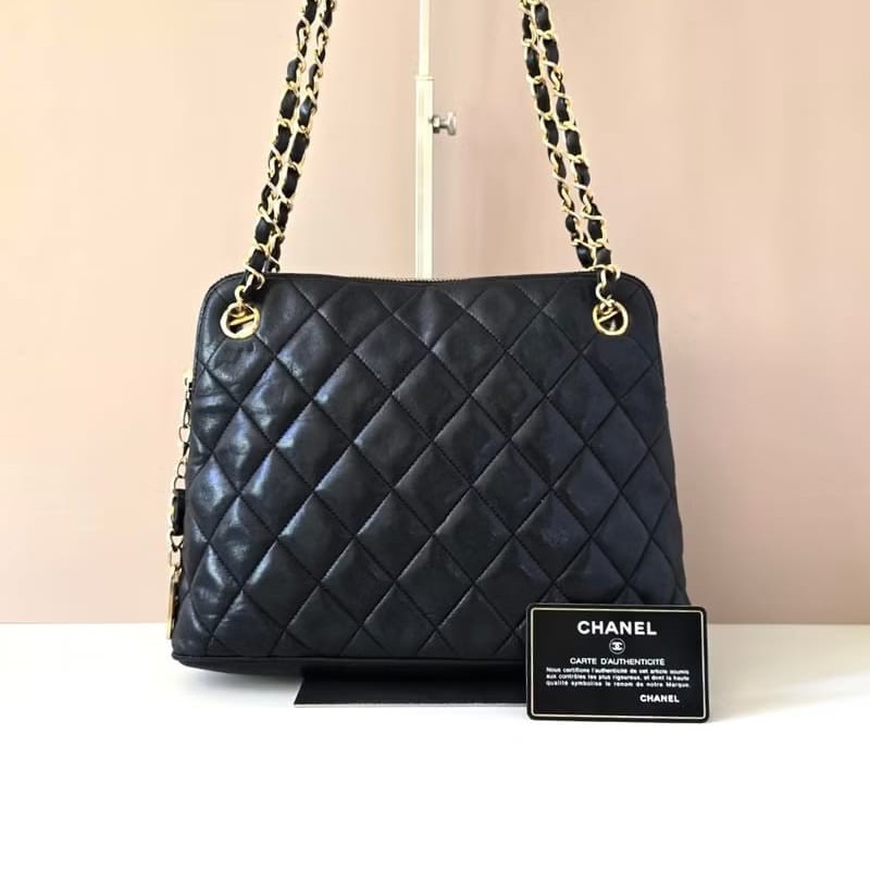 【LA LUNE】絕版中古包 Chanel黑色皮革鏈條包 單肩包 側背包 二手包 古董包-0