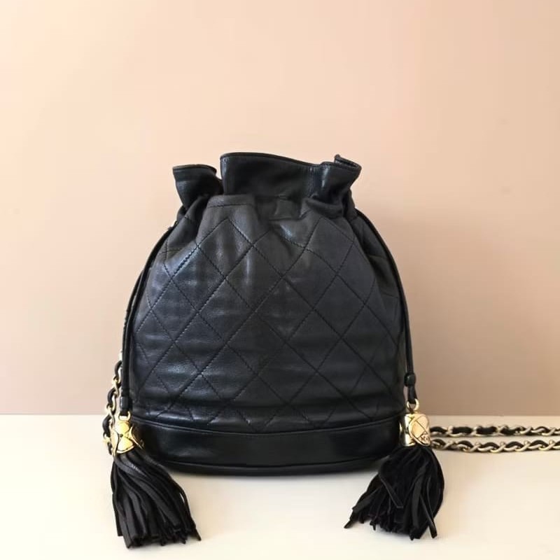 【LA LUNE】絕版中古包 Chanel古董黑色水桶包 側背包 單肩包 皮革包 二手包-0