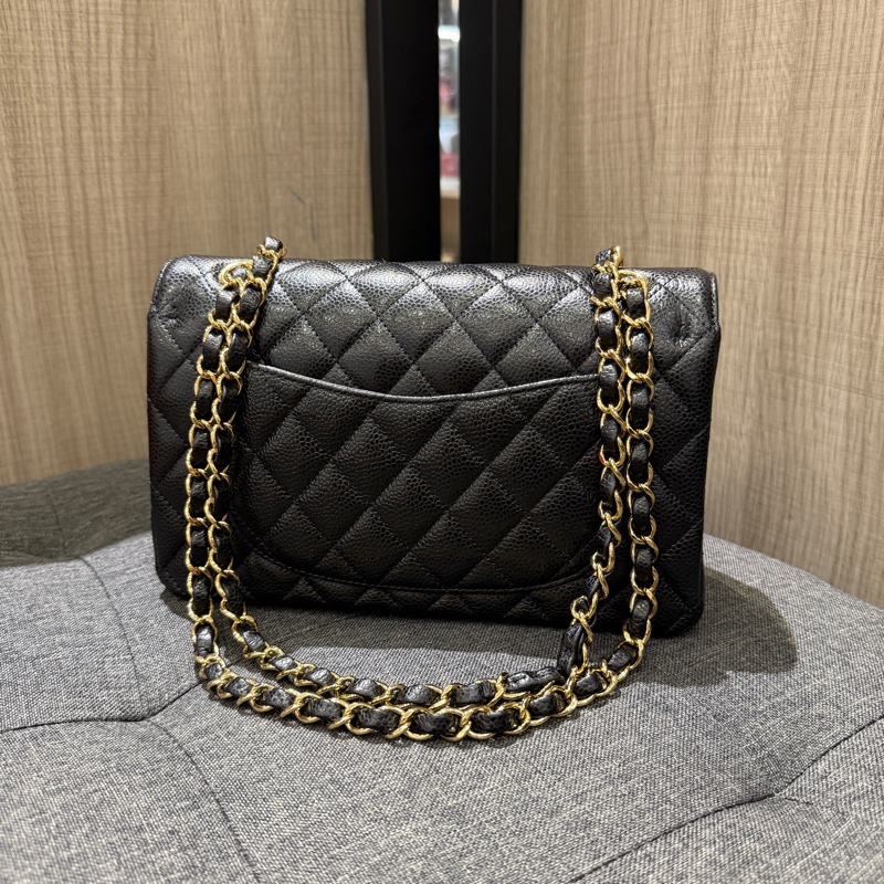 全配 CHANEL COCO 23 A01113 黑色荔枝牛皮金釦口蓋包 肩背包  CF23-1