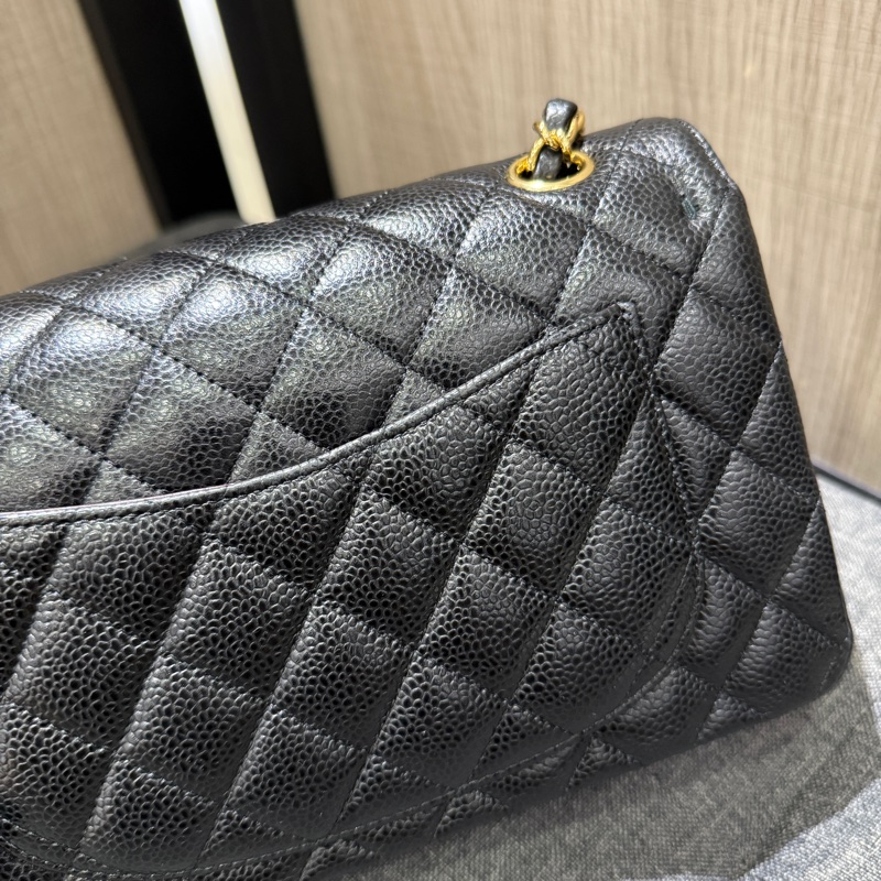 全配 CHANEL COCO 23 A01113 黑色荔枝牛皮金釦口蓋包 肩背包  CF23-4