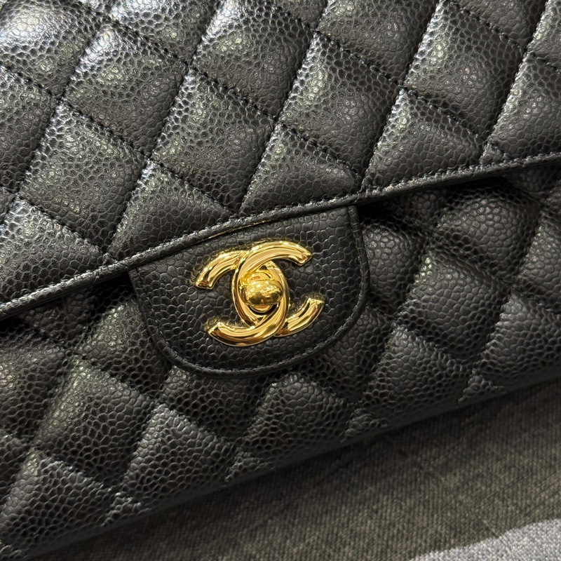 全配 CHANEL COCO 23 A01113 黑色荔枝牛皮金釦口蓋包 肩背包  CF23-5