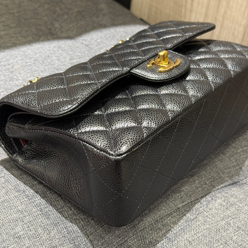 全配 CHANEL COCO 23 A01113 黑色荔枝牛皮金釦口蓋包 肩背包  CF23-8