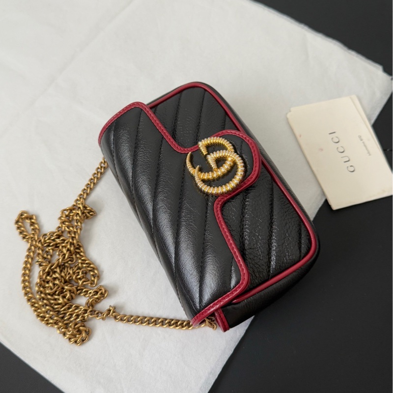 Gucci 古馳 馬蒙marmont supermini 黑拼紅邊 鏈條包-0
