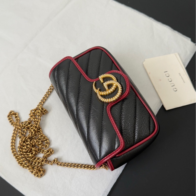 Gucci 古馳 馬蒙marmont supermini 黑拼紅邊 鏈條包-6