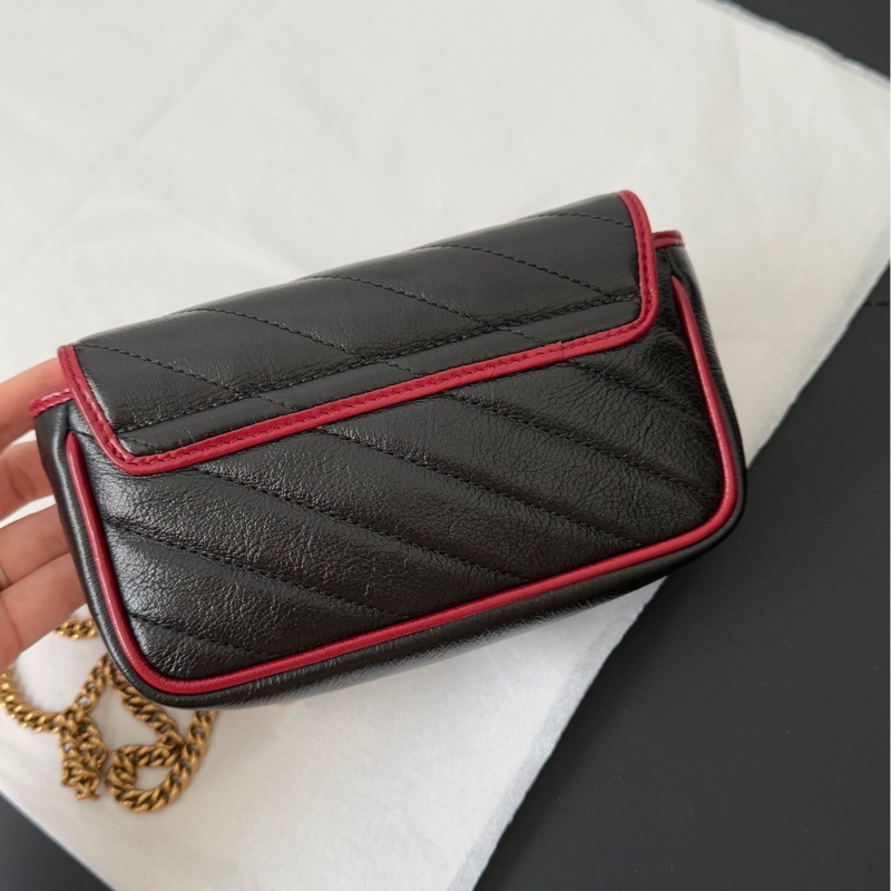 Gucci 古馳 馬蒙marmont supermini 黑拼紅邊 鏈條包-7