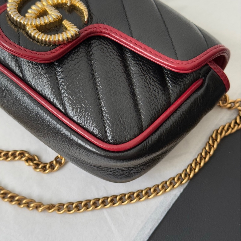 Gucci 古馳 馬蒙marmont supermini 黑拼紅邊 鏈條包-14