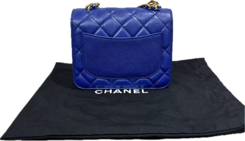 CHANEL/香奈兒 藍金菱格紋手提斜挎郵差包 牛皮18.5*16-1