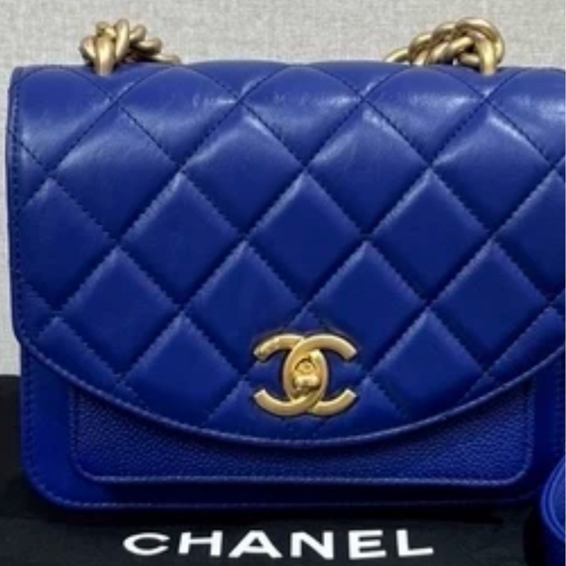 CHANEL/香奈兒 藍金菱格紋手提斜挎郵差包 牛皮18.5*16-5