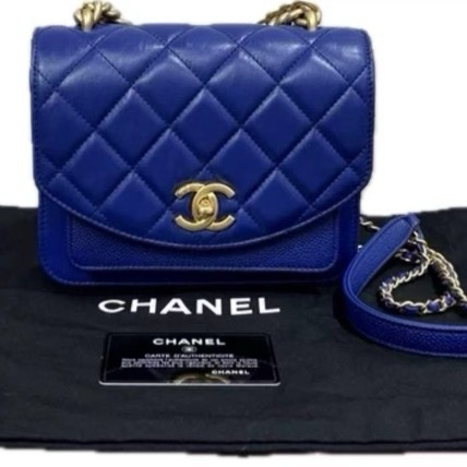 CHANEL/香奈兒 藍金菱格紋手提斜挎郵差包 牛皮18.5*16-4