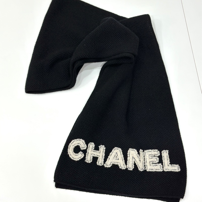 CHANEL 香奈兒 海洋系列 羊絨 黑白 LOGO 圍巾 披肩 披巾-10