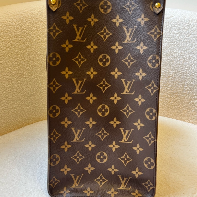 路易威登LV Onthego 棕色拼焦糖色 大老花 塗層帆布拼牛皮大號-3