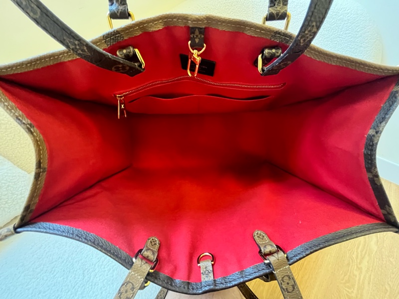 路易威登LV Onthego 棕色拼焦糖色 大老花 塗層帆布拼牛皮大號-8