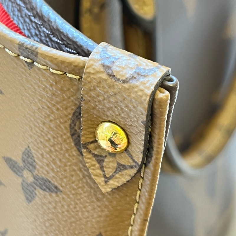 路易威登LV Onthego 棕色拼焦糖色 大老花 塗層帆布拼牛皮大號-9