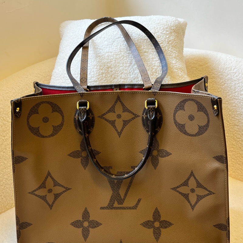 路易威登LV Onthego 棕色拼焦糖色 大老花 塗層帆布拼牛皮大號-10