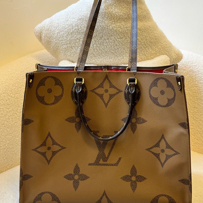 路易威登LV Onthego 棕色拼焦糖色 大老花 塗層帆布拼牛皮大號-13