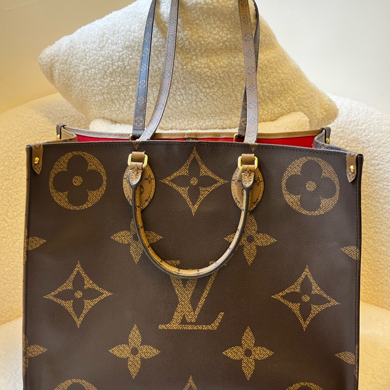 路易威登LV Onthego 棕色拼焦糖色 大老花 塗層帆布拼牛皮大號-19