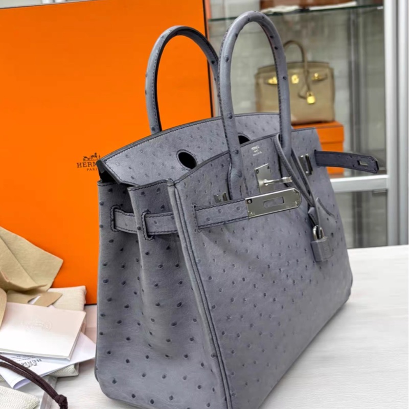 Hermes 82瑪瑙灰 鴕鳥Birkin30 全套99新C刻-3
