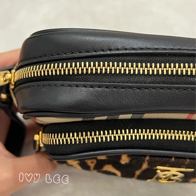 BURBERRY 巴寶莉 BURBERRY TB金屬 豹紋拼接格紋造型 鏈條 斜背包 肩背包 米黑 正品 二手精品-22