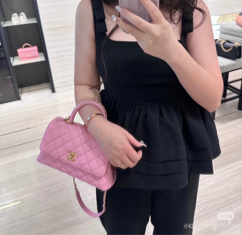 香奈兒CHANEL 23P Coco Handle 荔枝牛皮 粉色/紫丁香粉 手柄 手提/ 肩背/ 斜背包-2