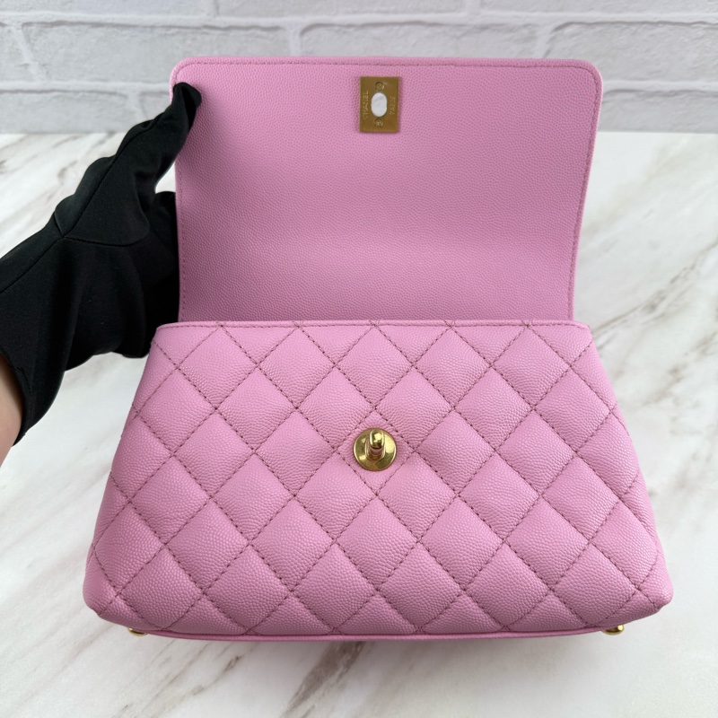 香奈兒CHANEL 23P Coco Handle 荔枝牛皮 粉色/紫丁香粉 手柄 手提/ 肩背/ 斜背包-19