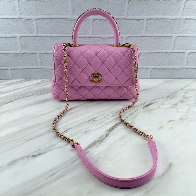 香奈兒CHANEL 23P Coco Handle 荔枝牛皮 粉色/紫丁香粉 手柄 手提/ 肩背/ 斜背包-22
