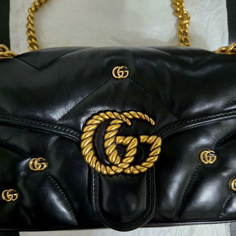 Gucci Marmont443497 AACPG 1000 雙G飾釘和扭紋粗花邊雙G裝飾 馬夢包 黑金-11