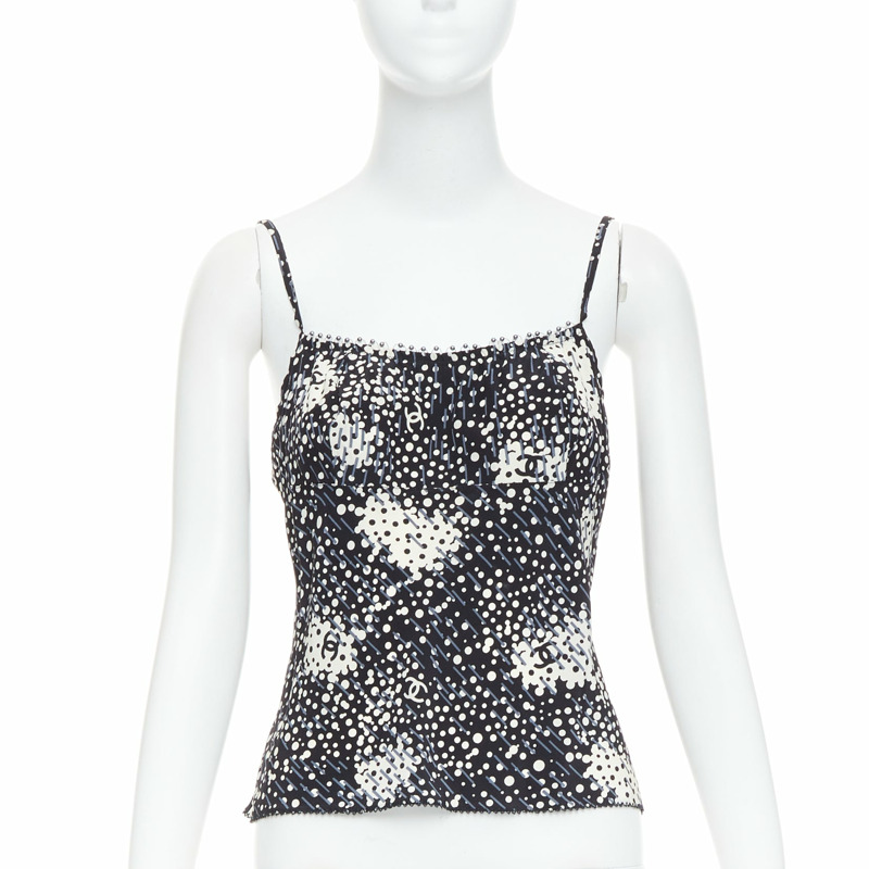 CHANEL 02A 100% silk CC logo polka dot pearl trim camisole FR40 S-0