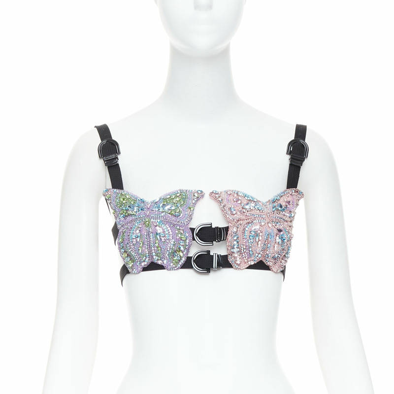 rare VERSACE Dua Lipa 2023 La Vacanza Runway crystal butterfly bondage bra IT36 XXS-0
