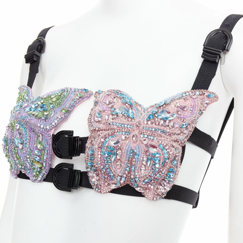 rare VERSACE Dua Lipa 2023 La Vacanza Runway crystal butterfly bondage bra IT36 XXS-6