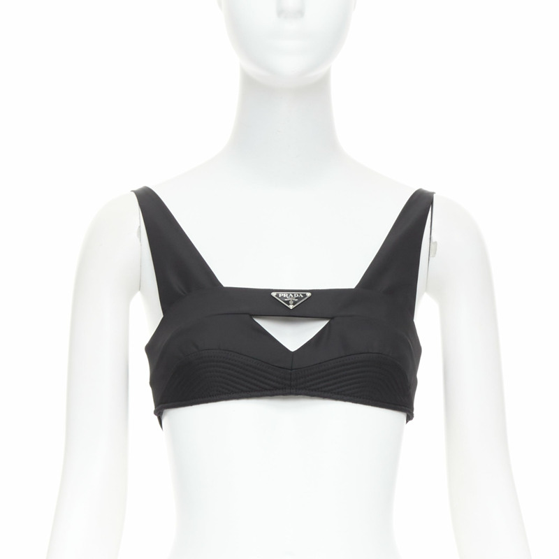 PRADA Re-Nylon black triangle logo cut out contour seam crop top bralette IT36 XS-0