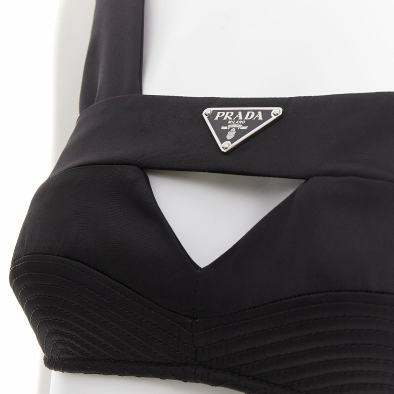PRADA Re-Nylon black triangle logo cut out contour seam crop top bralette IT36 XS-1