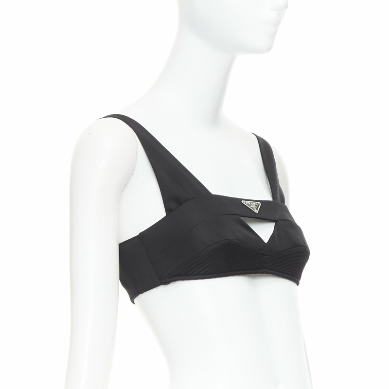 PRADA Re-Nylon black triangle logo cut out contour seam crop top bralette IT36 XS-2