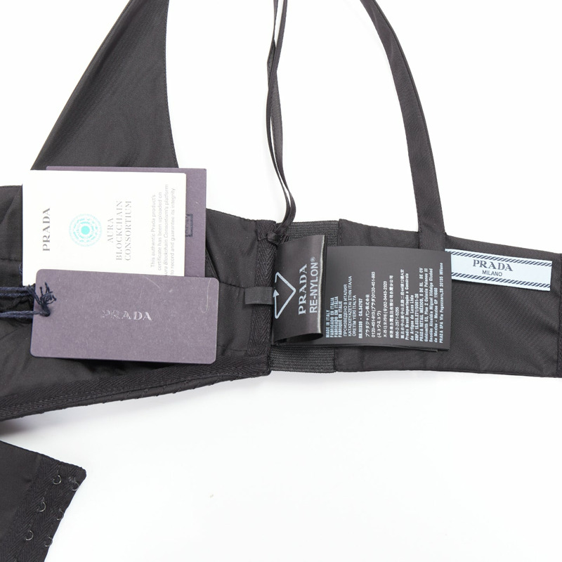 PRADA Re-Nylon black triangle logo cut out contour seam crop top bralette IT36 XS-7