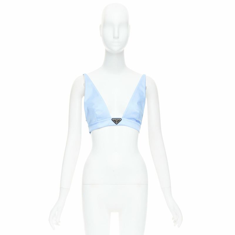 PRADA Re-Nylon light blue triangle logo plunge crop top bustier bralette IT38 XS-8