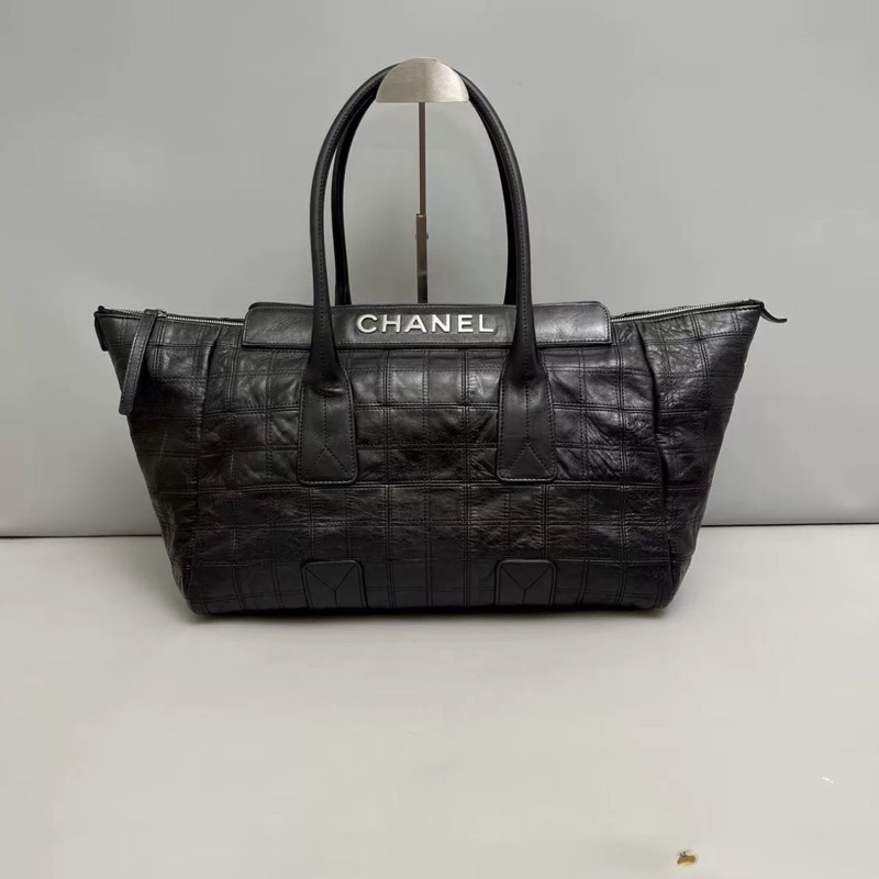 成色很好出清價😎👍Chanel黑銀字母全皮菱格手提單肩托特包👜-2