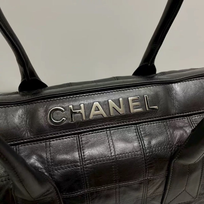 成色很好出清價😎👍Chanel黑銀字母全皮菱格手提單肩托特包👜-6