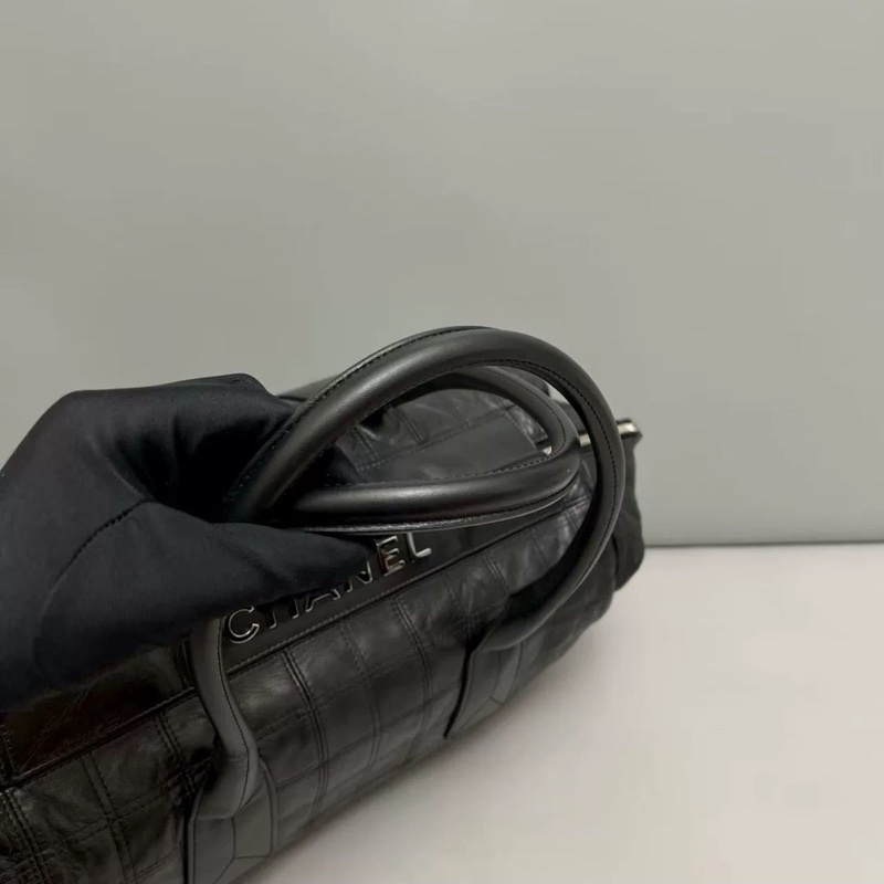 成色很好出清價😎👍Chanel黑銀字母全皮菱格手提單肩托特包👜-8