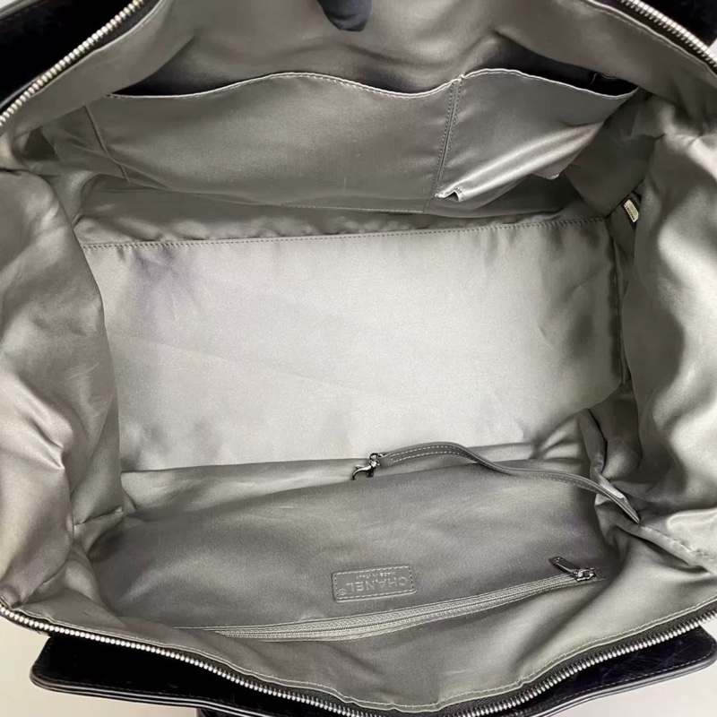 成色很好出清價😎👍Chanel黑銀字母全皮菱格手提單肩托特包👜-10