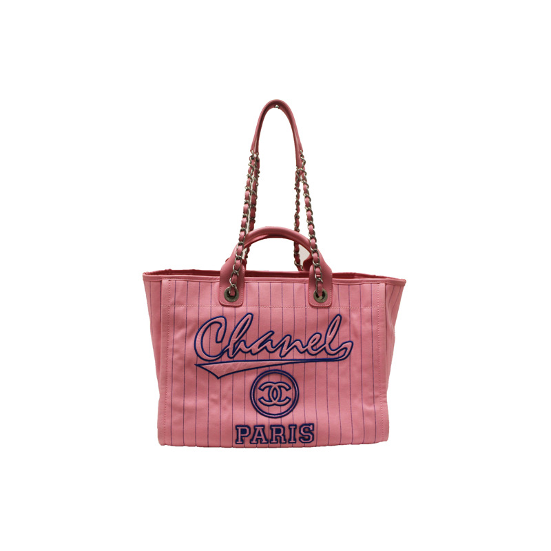 Chanel Pink Pinstripe Canvas Medium Deauville Shopping Tote-0