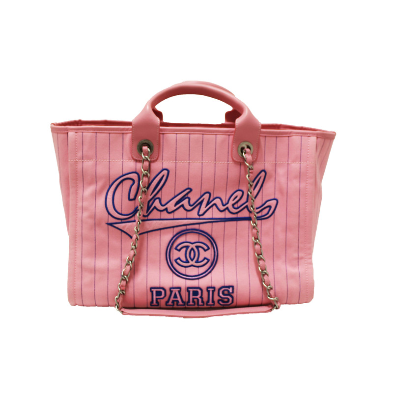 Chanel Pink Pinstripe Canvas Medium Deauville Shopping Tote-1