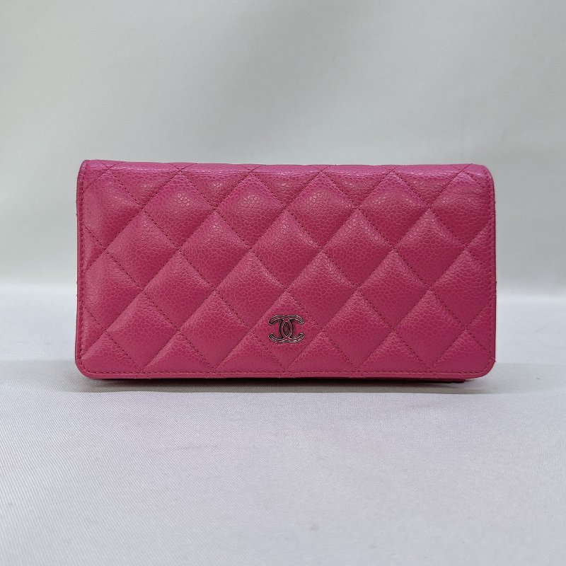 CHANEL 桃粉色荔枝牛皮對開長夾-0