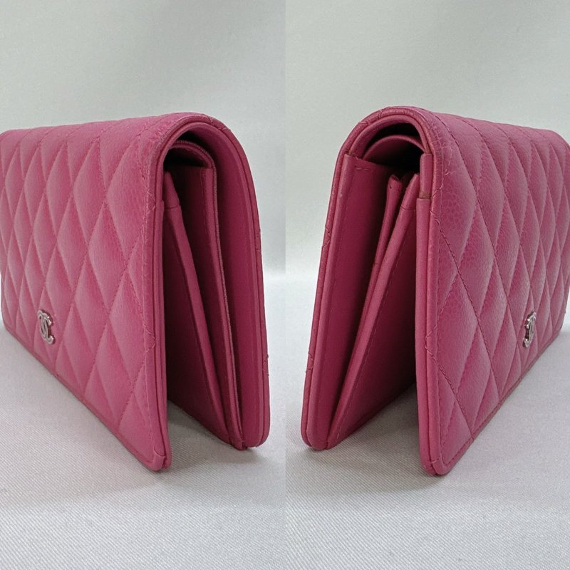 CHANEL 桃粉色荔枝牛皮對開長夾-2