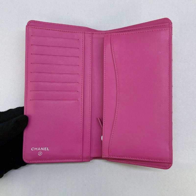 CHANEL 桃粉色荔枝牛皮對開長夾-3