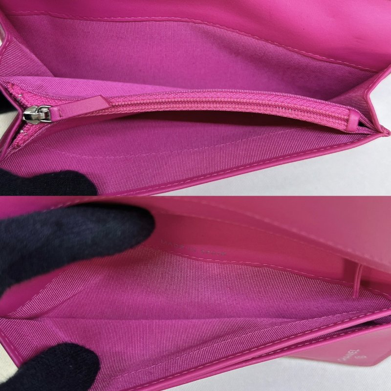 CHANEL 桃粉色荔枝牛皮對開長夾-4