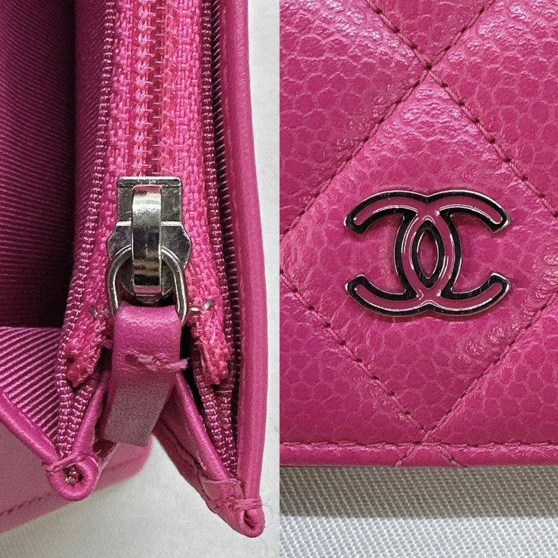 CHANEL 桃粉色荔枝牛皮對開長夾-6