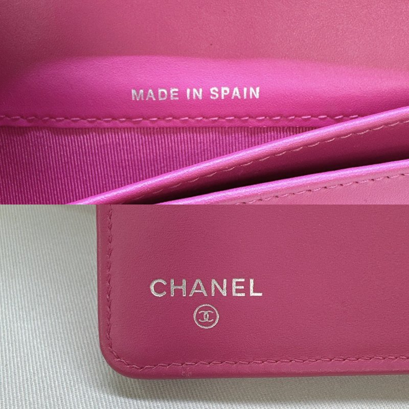 CHANEL 桃粉色荔枝牛皮對開長夾-7