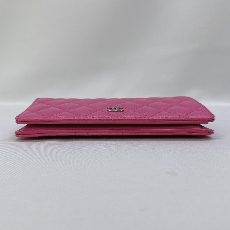 CHANEL 桃粉色荔枝牛皮對開長夾-8