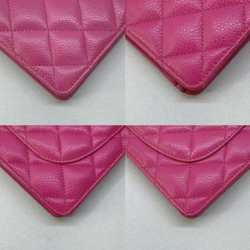 CHANEL 桃粉色荔枝牛皮對開長夾-9